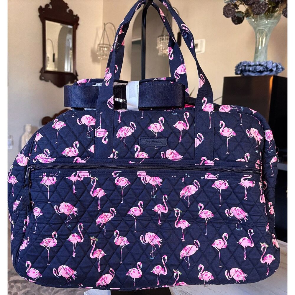 NWOT Vera Bradley Quilted Travel Duffel Bag-Flamingo Fiesta Navy Pink